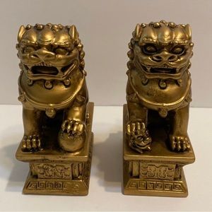 Feng Shui Pair of Brass Fu Foo Dogs Guardian Lion Statue 4.5”H